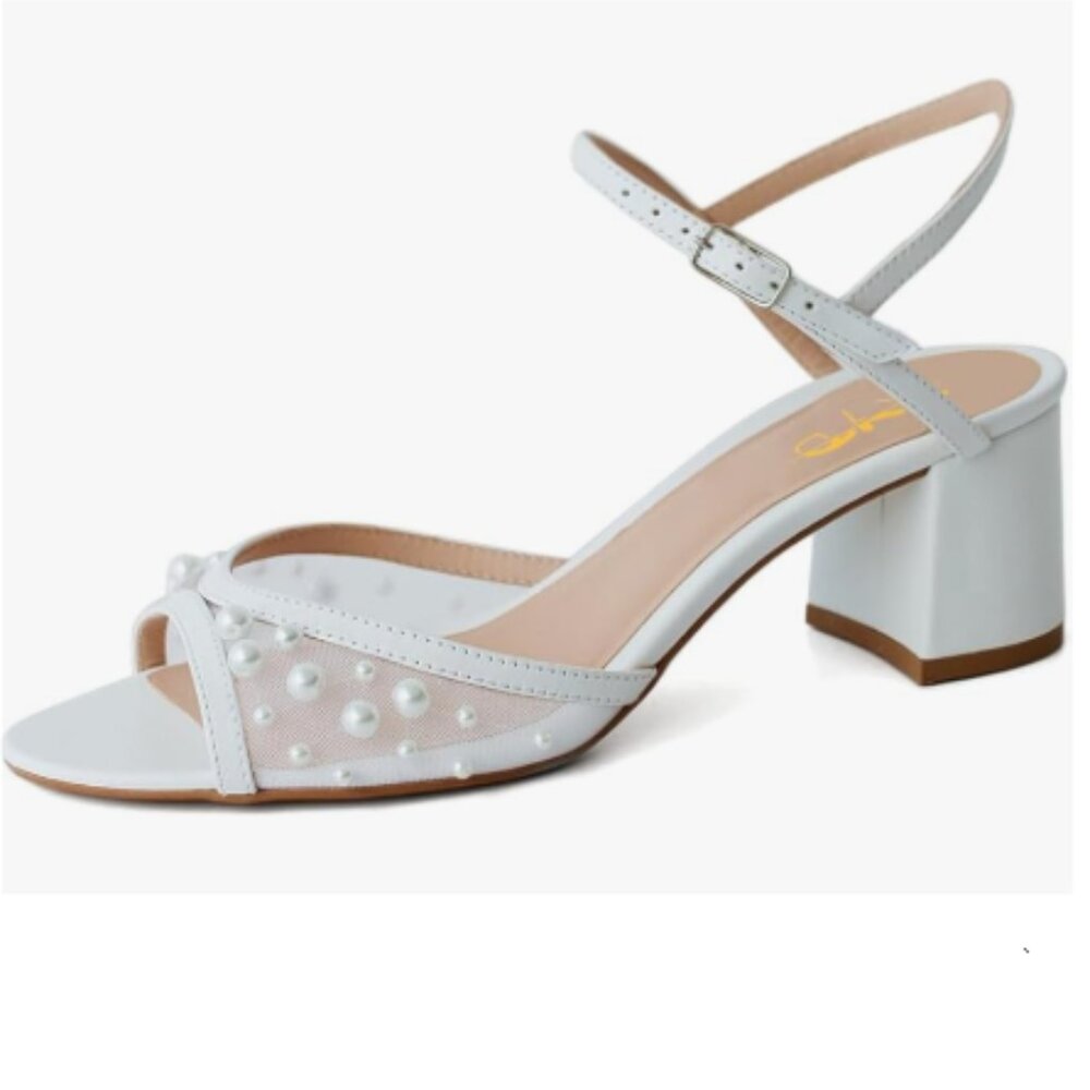 XYD White Pearls Open Toe Block Sandals Ankle Strap with Buckle Low Heel Shoes